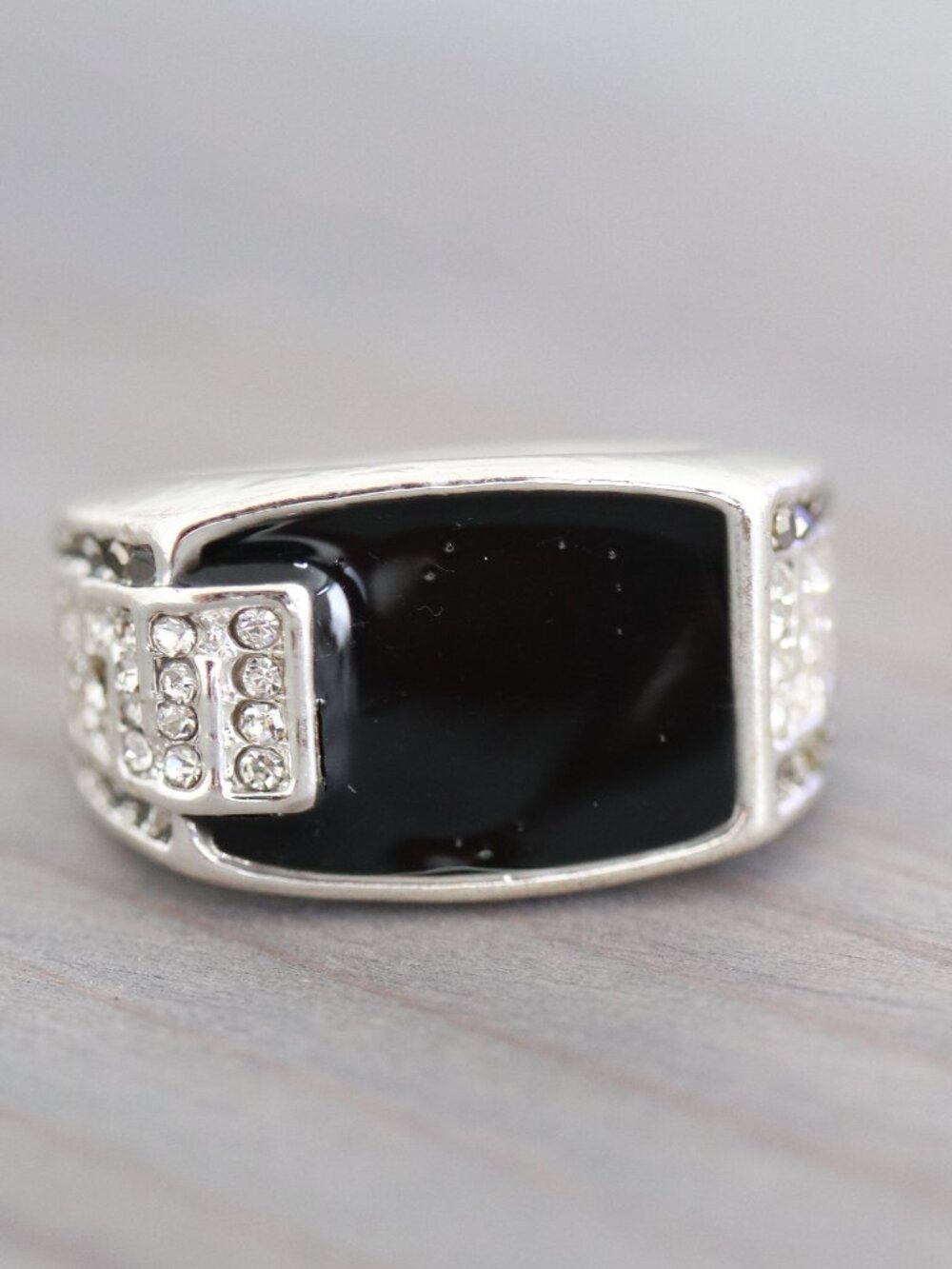 RSD 13mm Mens Ring Black Onyx Square Style with CZ Diamond Stone Silver Plated